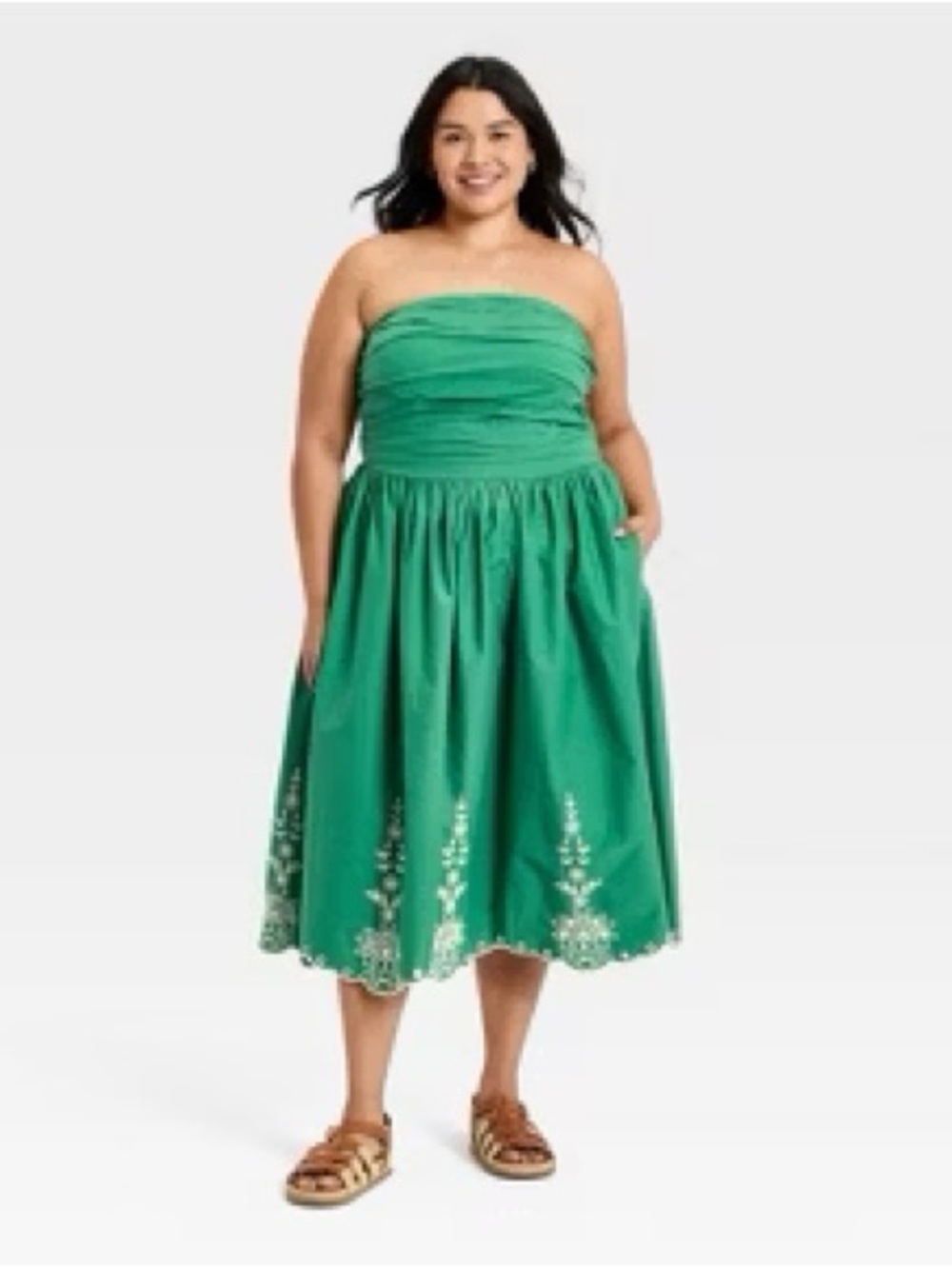Universal Thread Strapless Green Embroidered Midi Dress